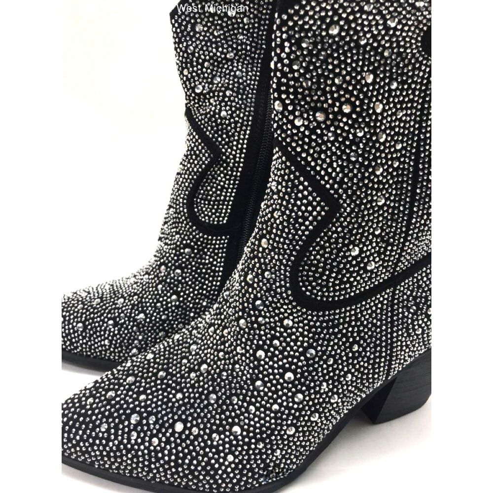 NIB Lumuta Women's Sz 8.5 Black Rhinestone Western Ankle Boots Cowboy Sparkly